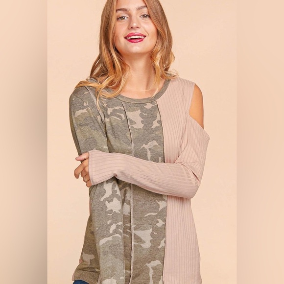 NWT Haptics camo tan cold shoulder long sleeve top - Picture 6 of 9